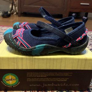 Jambu, toddler girls Mary Janes shoes. Size 11, navy blue with a pink outline.